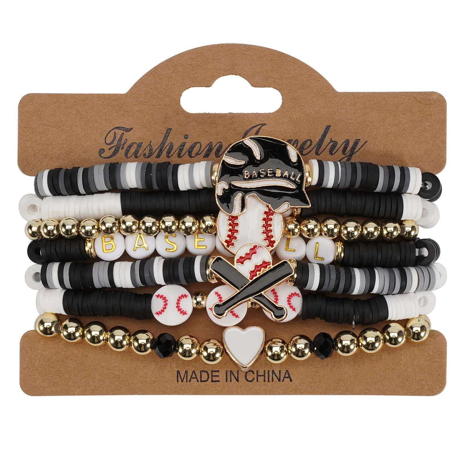 Polymer Clay Beaded Baseball Bracelet - Elastic Multi-Layer Fans Bracelet for Daily and Sports Occasions