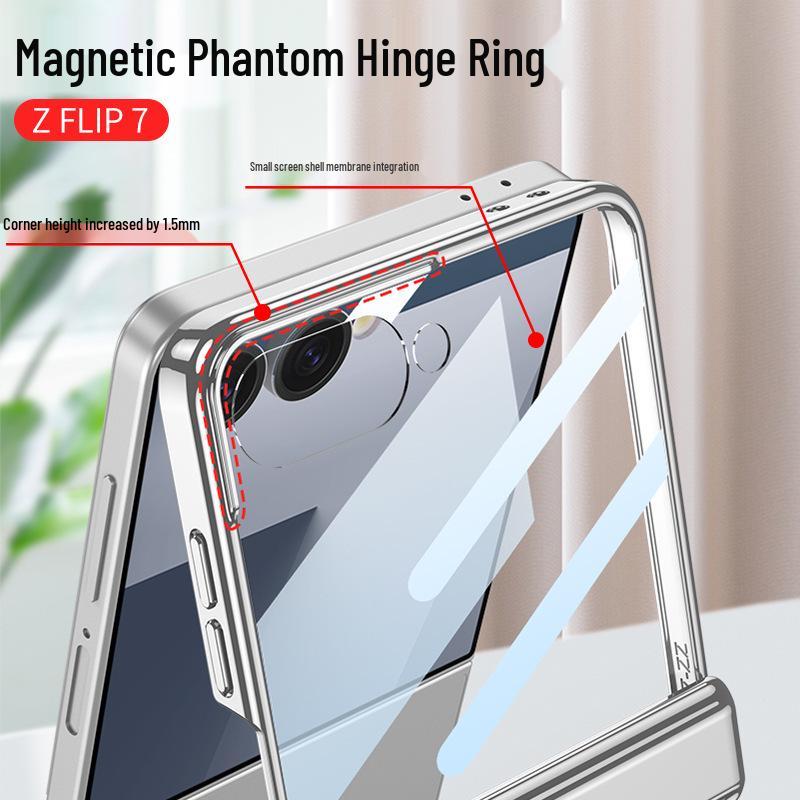 Samsung Z Flip7 Transparent Phone Case with Integrated Ring Buckle and Full-Cover Hinged Hard Shell