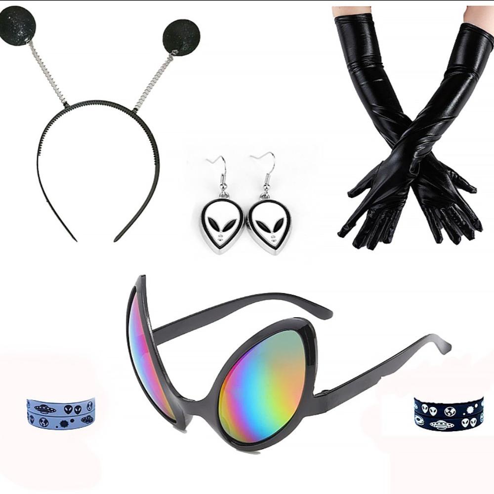 Kit Accessori Cosplay Alieno da Donna, Cerchietto Antenna Alieno, Occhiali Olografici, Orecchini e Guanti per Festa a Tema Spazio di Halloween