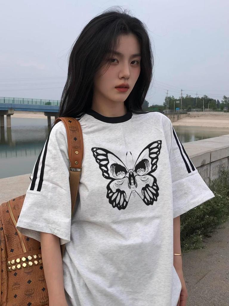 2025 Summer American Striped Loose Fit Women's Cotton Half-Sleeve T-Shirt