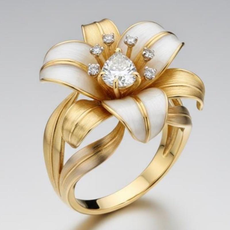 Aesthetic Inlaid White CZ Enamel Flower Women's Ring Trendy Gold Color Hand Carving Daily Wear Party Jewelry Anniversary Gift