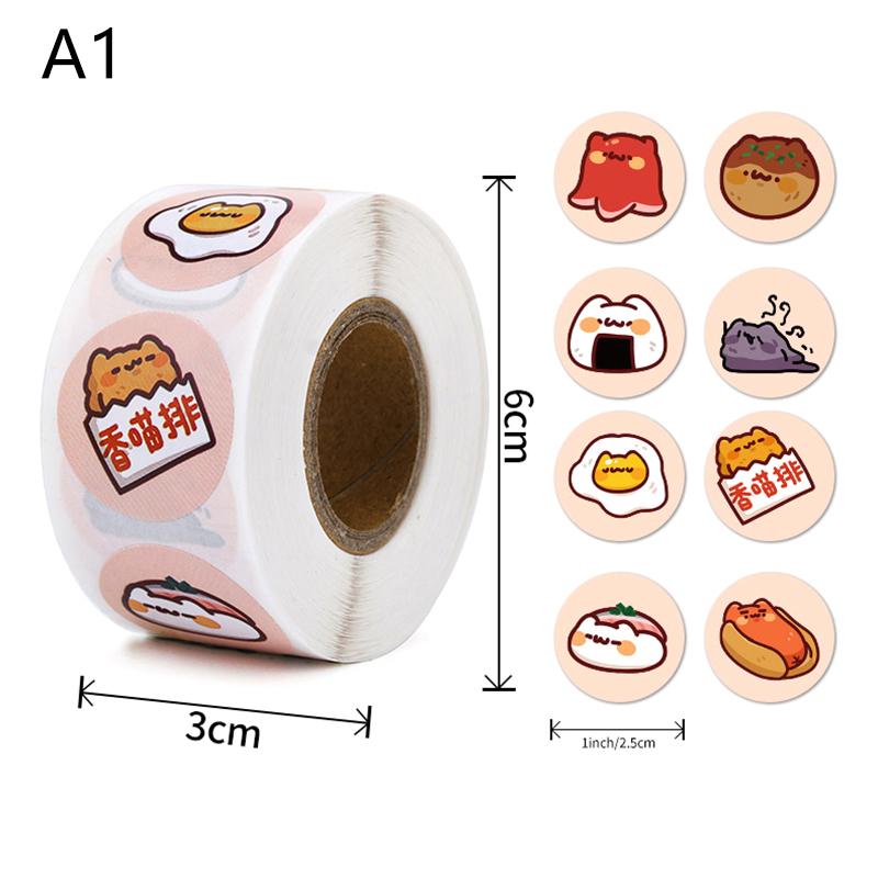 500Pcs/Roll 2.5Cm/1Inch Circular Cute Cartoon Sushi Pattern Decorative Sticker Baked Dessert Lunch Box Label Decor Sticker