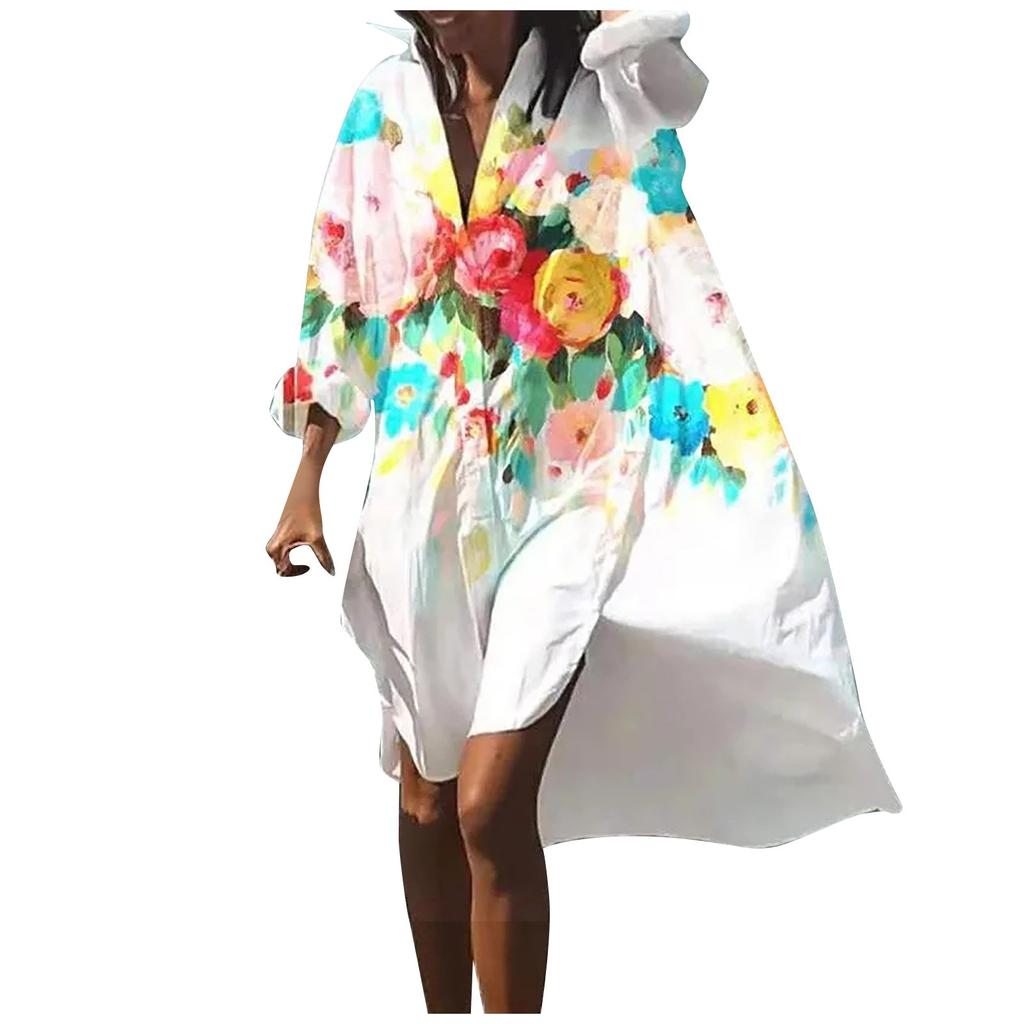 Fashion Women Floral Print Long Sleeves Buttons Cardigan Loose Shirt Dress
