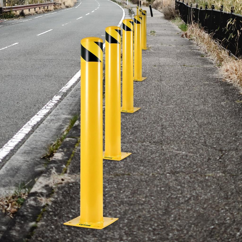 Safety Bollard 48"x5.5", Safety Barrier Bollard 5-1/2" OD 48" Height, Yellow Powder Coat Pipe Steel Safety Barrier, with 4 Free Anchor Bolts, for
