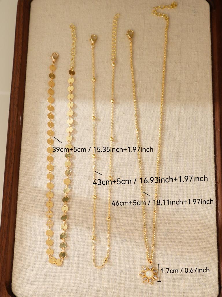 3pcs Delicate Sun Pendant Necklace Set With Disc & Beaded Chain, Multi-Layer Wearable Necklace For Women, Daily Fashion Jewelry