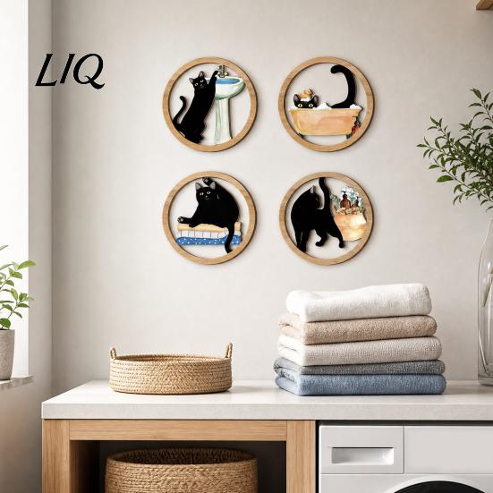Rustic Wood Grain Art 4 Pcs Minimalist Black Cat Wall Art, Geometric Round Circle Wooden Non-toxic Coating Decor, Abstract Hanging Sign for