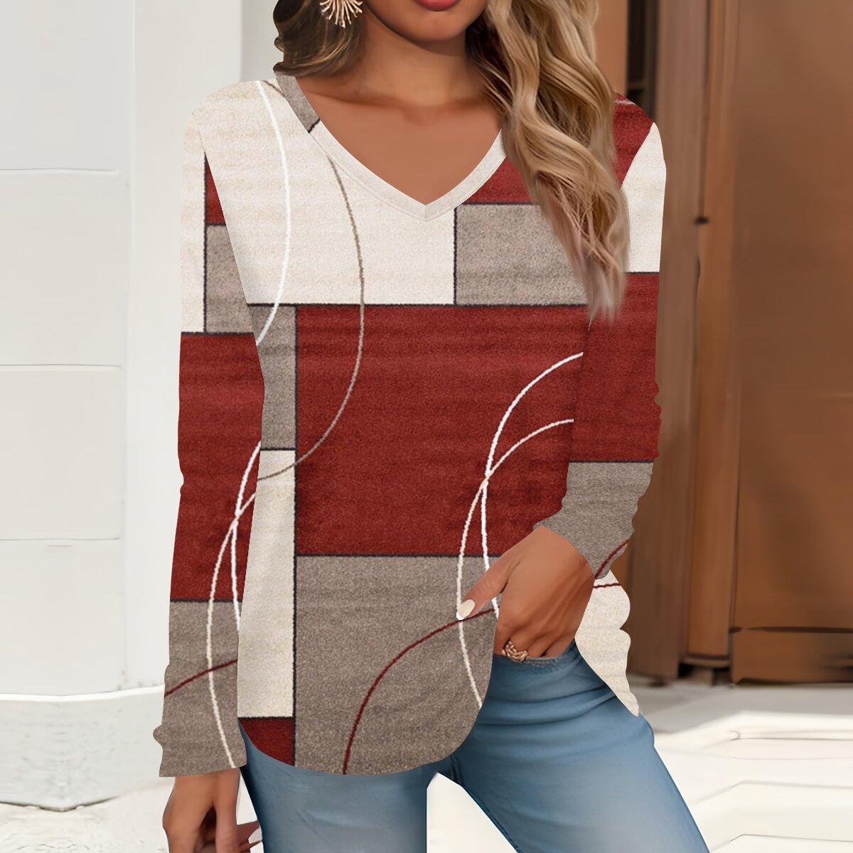 

2023 весна и осень новая мода с длинным рукавом повседневная футболка с v-образным вырезом и принтом