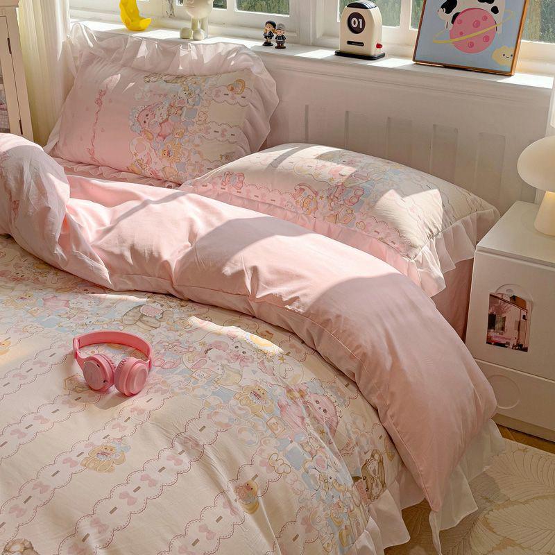 G5Z Princess Mingsha Lolita Lace Washed Cotton Bedding Set - Duvet Cover, Bed Sheet, Cute Girl Dormitory Style (4-Piece)
