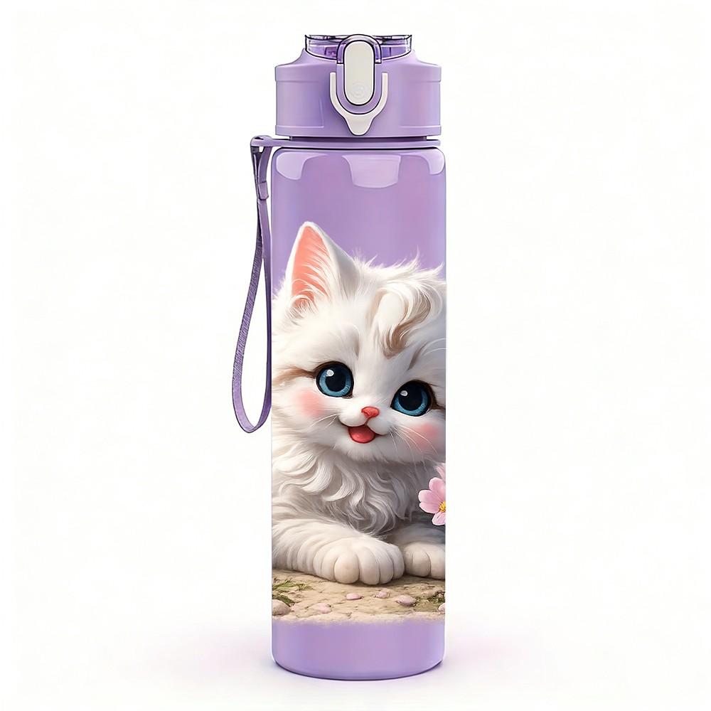 1PC Kitten Cat With Pink Floral Print 750ml Color Plastic Sports Water Bottle Leakproof Flip Straw Lid Suitable for Sports Office Home Use