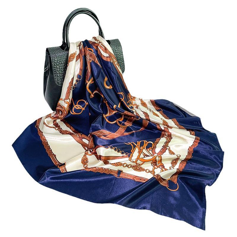 90cm Silk Satin Square Scarf - European & American Chain Print Headscarf Shawl