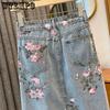 Frühling und Sommer Retro Vielseitiger Skinny Split Denim Print Halbkörperrock Weiblicher Chic Hohe Taille Mittellanger Paket Hüftrock