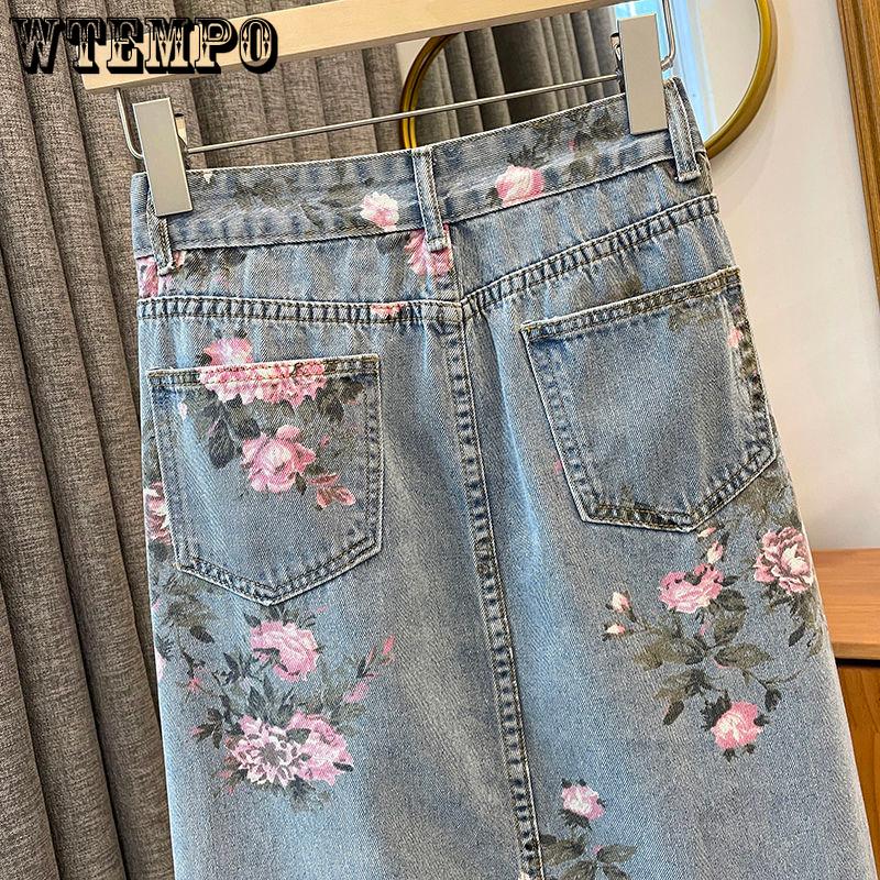 Frühling und Sommer Retro Vielseitiger Skinny Split Denim Print Halbkörperrock Weiblicher Chic Hohe Taille Mittellanger Paket Hüftrock