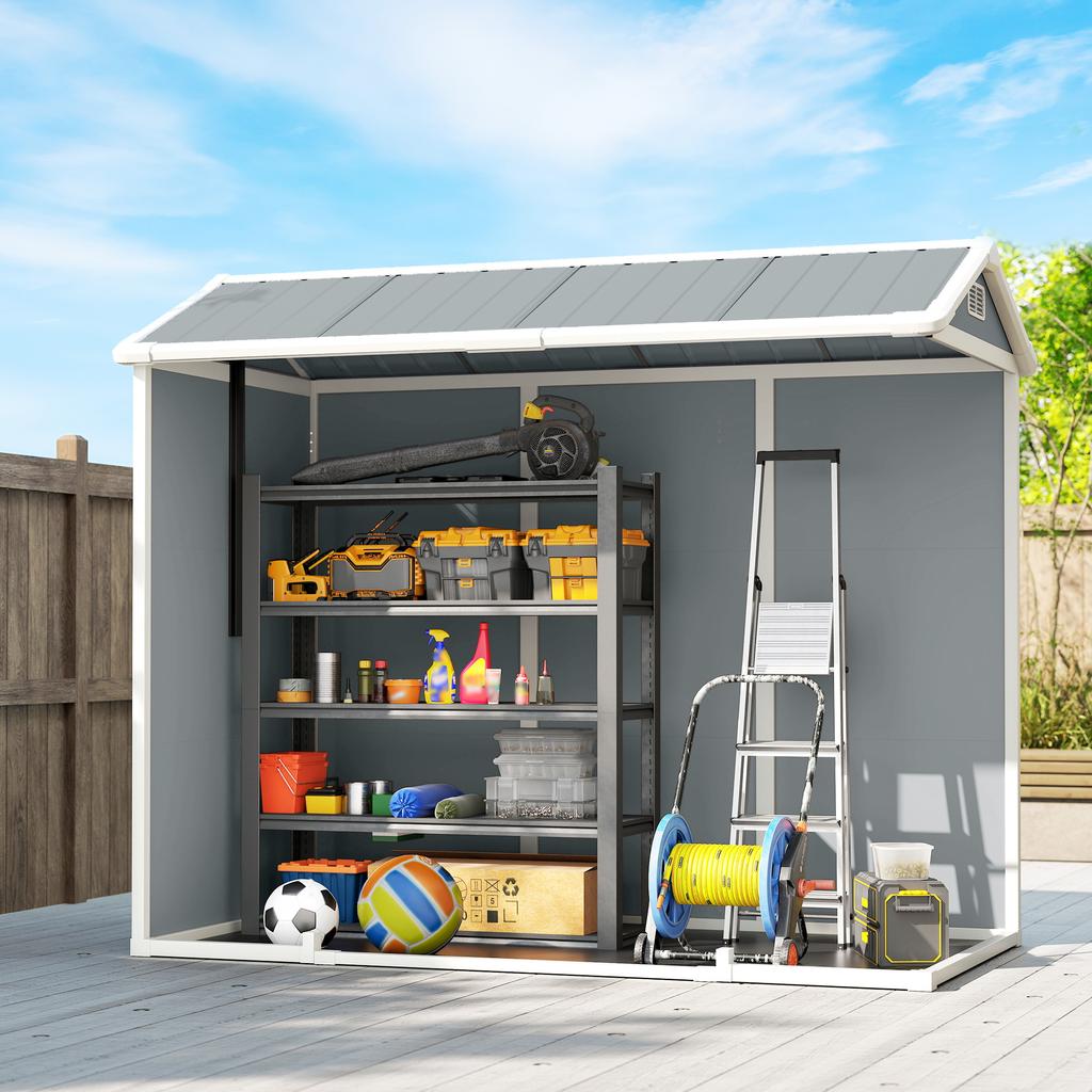 8 X 4 Ft Plastic Garden Shed, Wood-Effect Outdoor Storage Shed with Floor, Windows, Lockable Doors and Vents, Light Grey