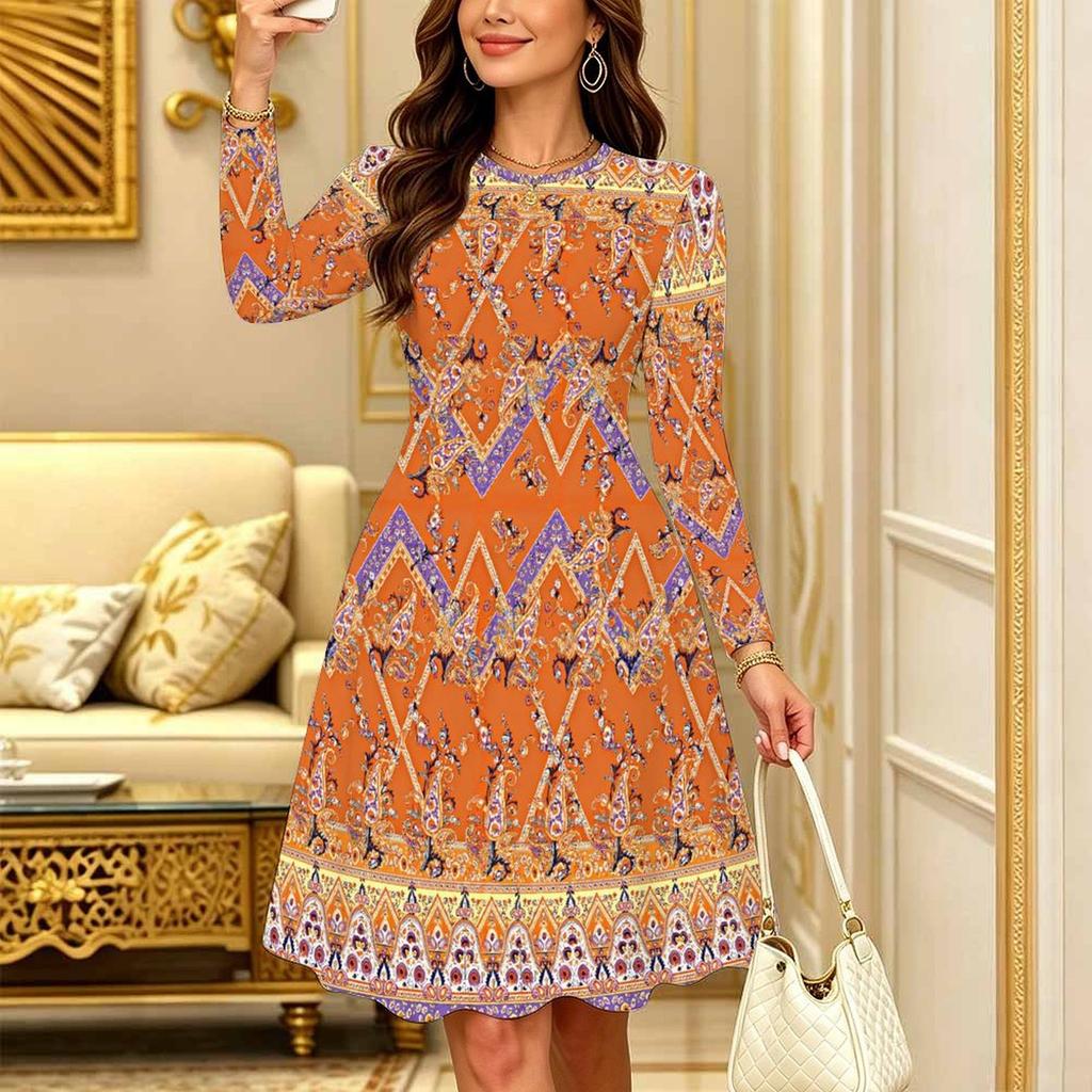 Women Long Sleeve Round Neck Midi Dress Boho Watercolor Floral Dot Stripe Plum Blossom Print Flared Casual Dress