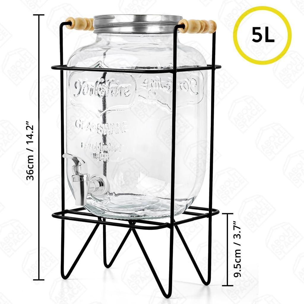 5 Litre Glass Water Dispenser with Stand - Air Tight Lid Glass Pitcher for Detox Water - Mason Jar - Counter Table Top
