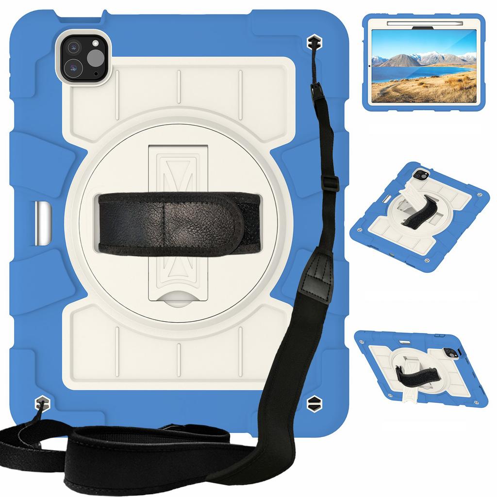 For iPad Pro 11 (2024) Kickstand Case with Shoulder Strap Rotating Hand Strap PC+TPU Tablet Cover