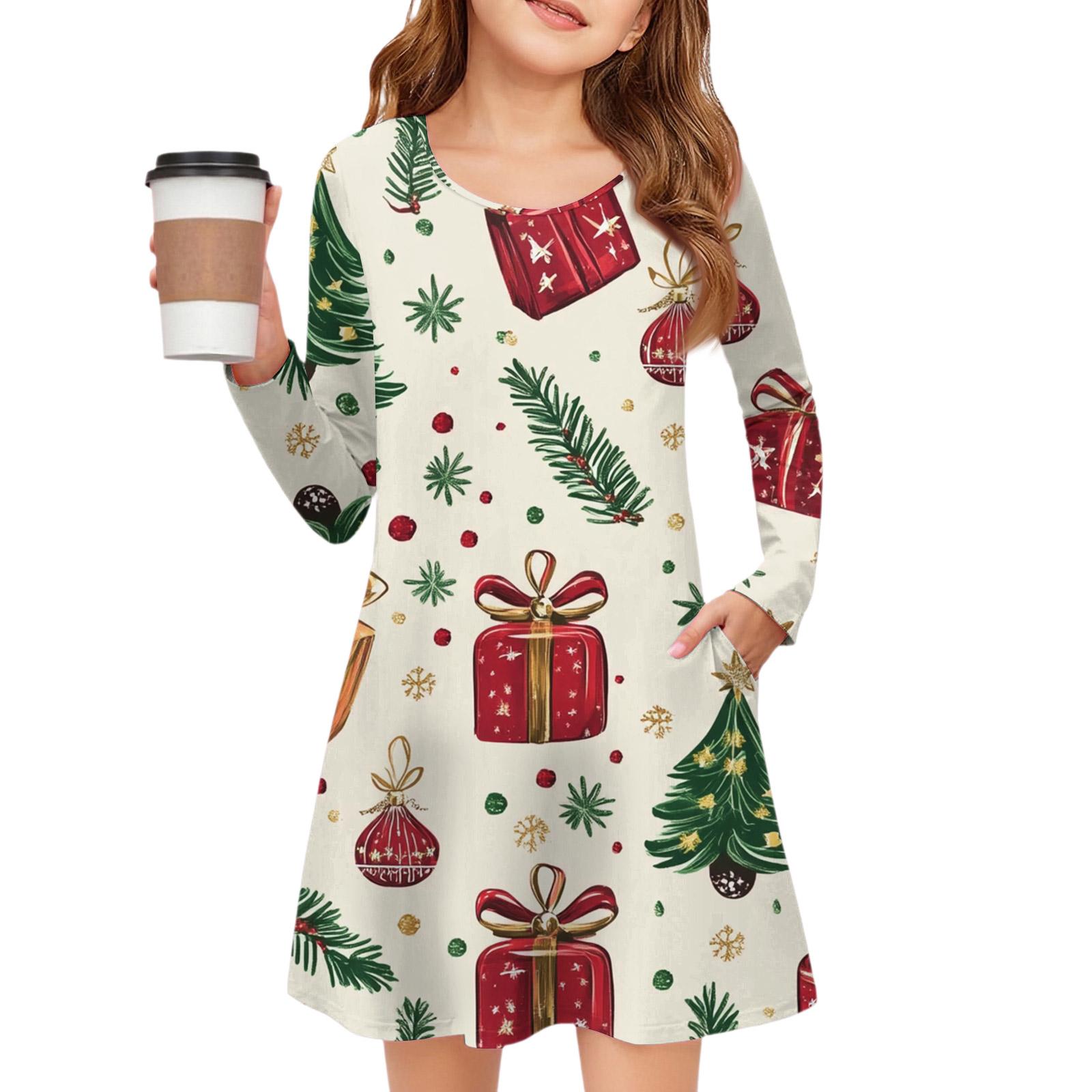 

Рождественское платье с длинным рукавом для девочек - Платье с цветным карманом 110 бежевый