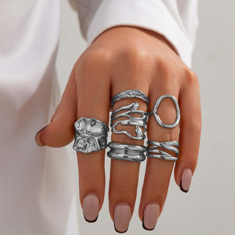 6Pcs/Set Vintage Liquid Wrinkled Irregular Rings for Women Punk Geometric Metal Multi-Layer Chain Open Rings Set Jewelry Gifts