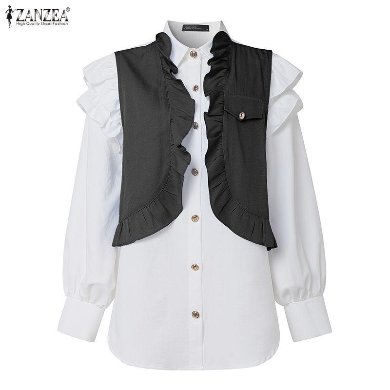 ZANZEA Women Casual Turn Down Collar Long Sleeve Patchwork Blouse