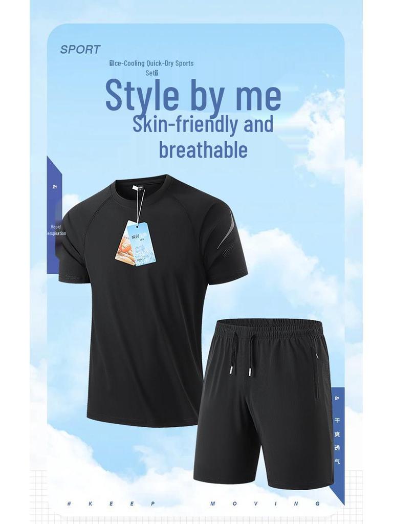 Men's Summer Ice Silk Sports Suit - Casual Two-piece Short Sleeve T-shirt & Shorts Set for All Ages.