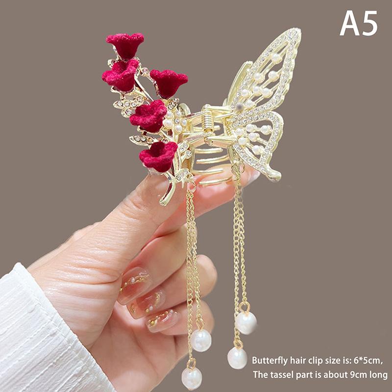 Butterfly Tassel Pearl Hair Claw Red Flower Festival Hairpin For Girls Ponytail Hair Clips Crab Women  Accessories Gifts