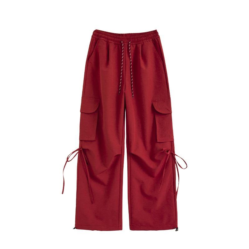 Ankola Red Windproof Pants Wide Leg Hiking Pants Parachute Charge Pants Autumn and Winter High Waist Thickened Tooling Pants