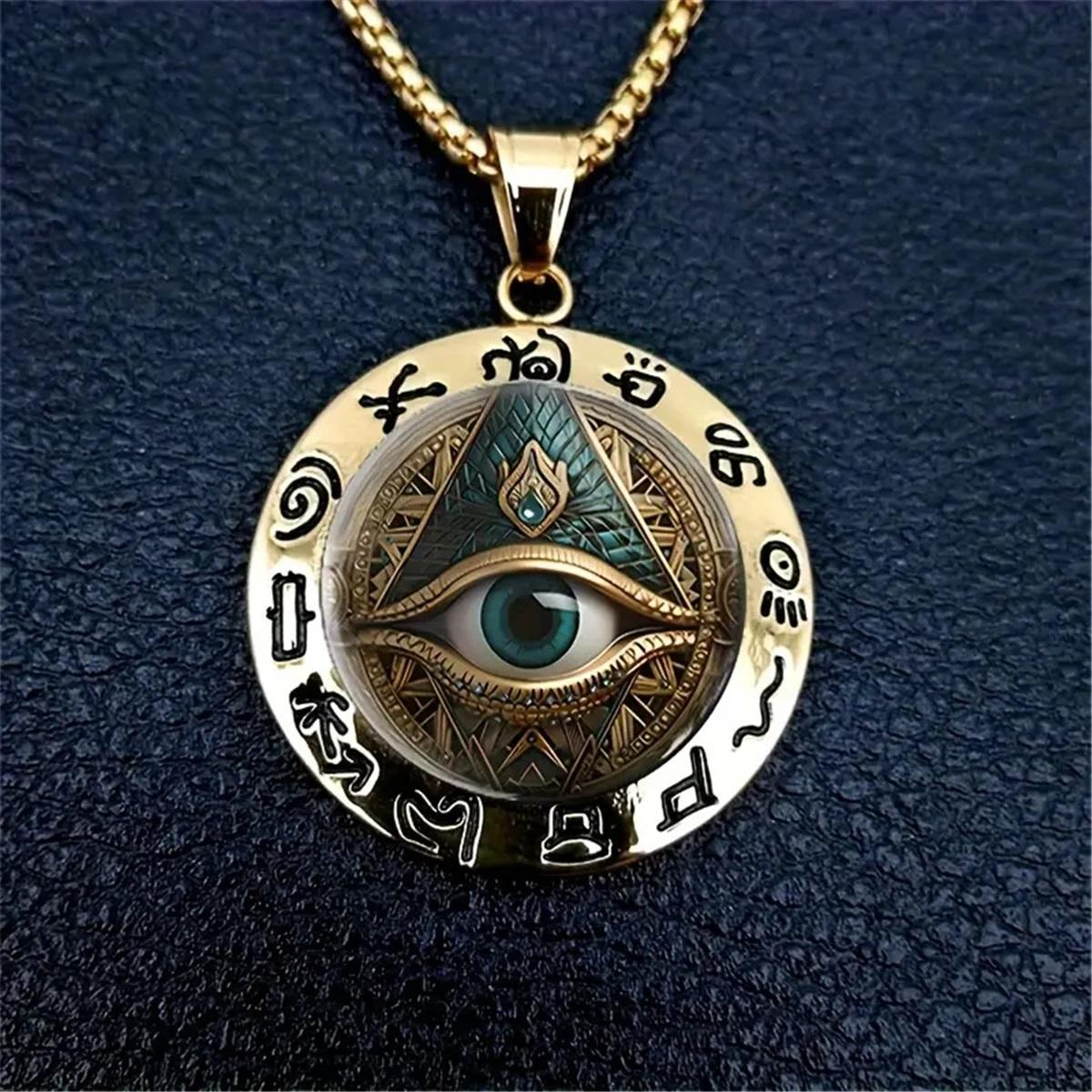 

Ancient Egyptian Talisman: Eye Pattern Glass & Hieroglyphic Zinc Alloy Pendant, Artifact-Style Statement Necklace.
