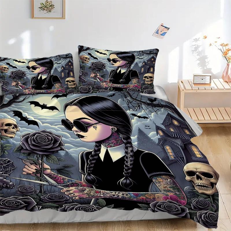 3pcs Addams Dark Rose Printed Bedding Set, Soft and Comfortable Quilt Cover for Bedroom, Guest Room H001