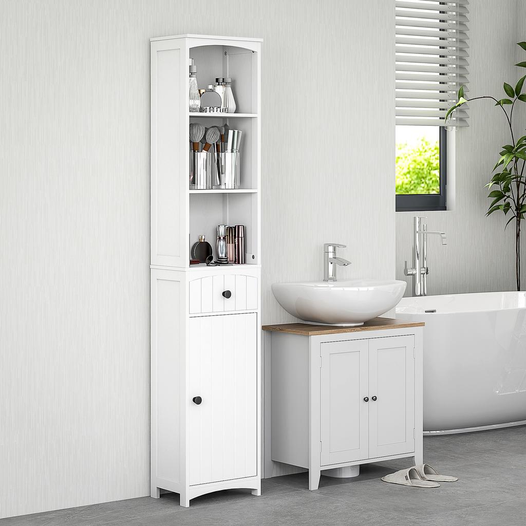 Badezimmerschrank mit 3 Regalen, 1 Schublade, stabil, MDF, weiß