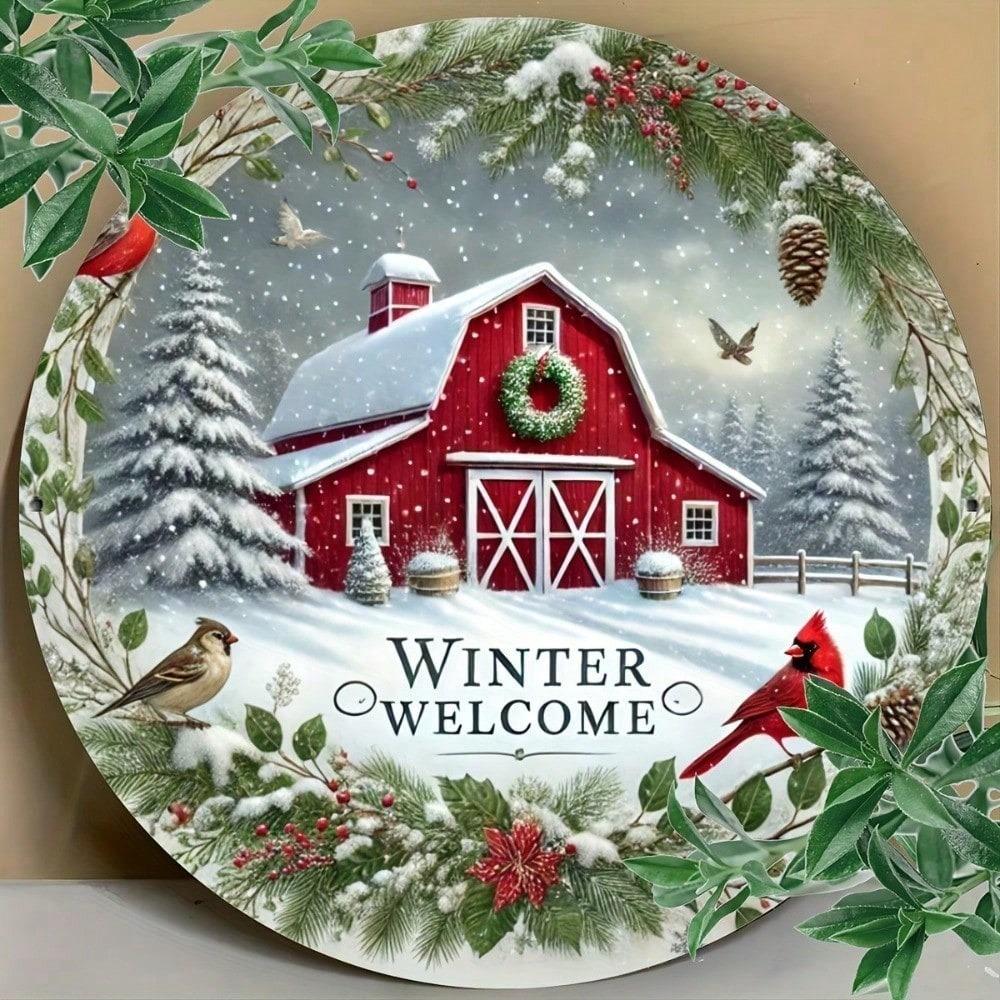 Vintage Red Barn Snowy Tin Metal Sign 8x8 Rustic Winter Farmhouse Wall Art Home Decor Kitchen Bar