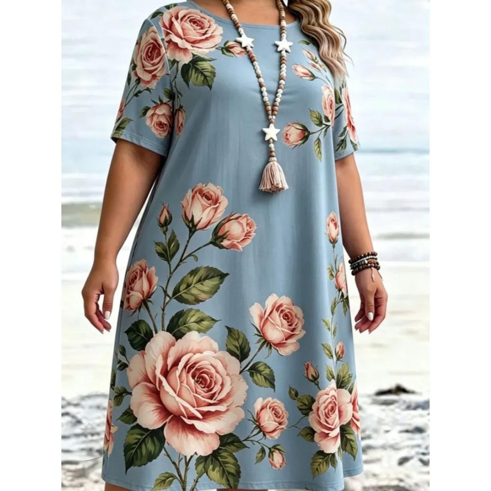 Summer Fashion Flowers 3d Print Comfortable Breathable Round Neck Short Sleeved Dresses Women Creative Colorful Plus Size Loose Dresses
