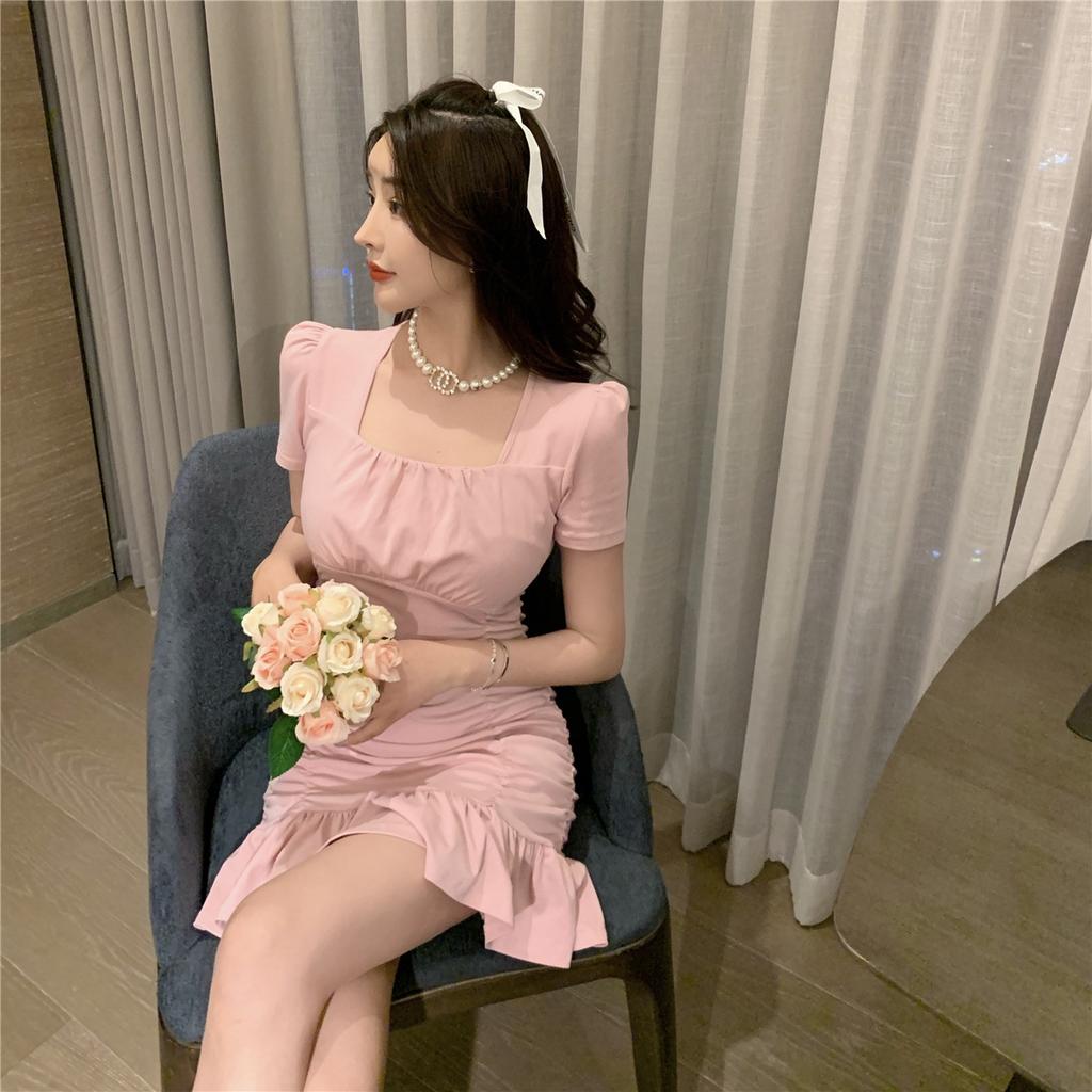 Spring and Summer Sexy Wrapped Hip Fishtail Dress Dress French Square Neck Slim Fit Slim Fold Wrapped Hip Ruffle Edge Dress