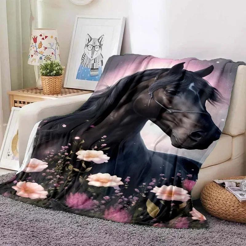 3D Cartoon Horse Print Flannel Throw Blanket – Soft Warm Picnic Blanket, Retro Home & Travel Birthday Gift, Cozy Comfort