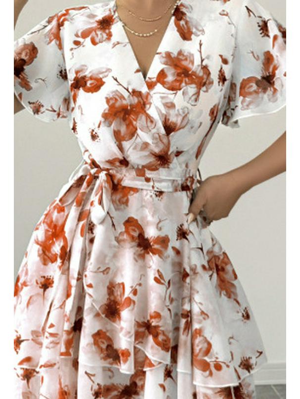 Elegant Floral Ruffled V-Neck Summer Dress - Women's Retro Holiday Style