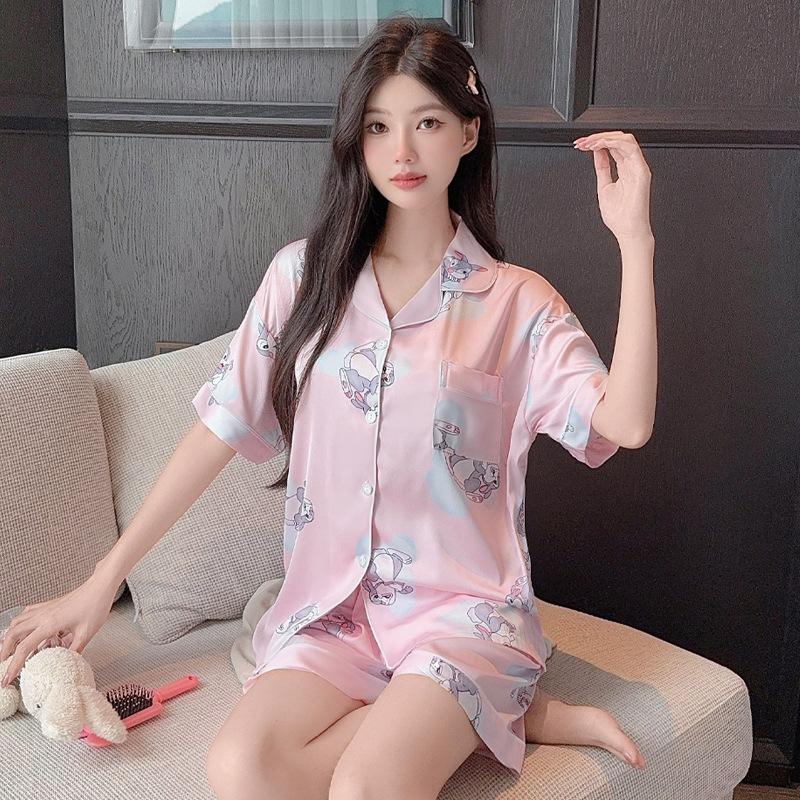 Wind Cute Bunny Ice Silk Pajamas Women S Summer Short-Sleeved Shorts Loungewear Thin Suit M