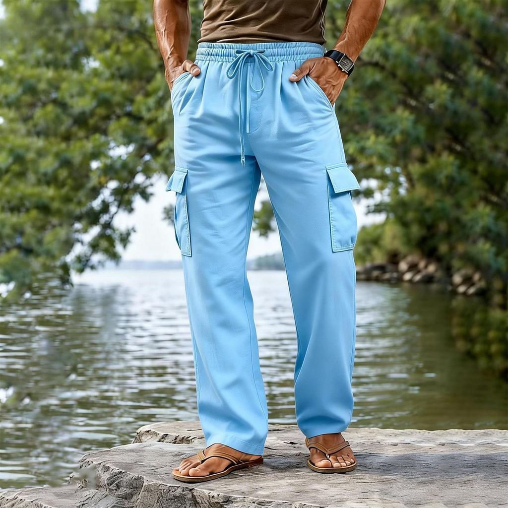Men's Cotton Linen Drawstring Waist Straight Leg Breathable Long Cargo Pants Casual Loose Fit Trousers with Pockets