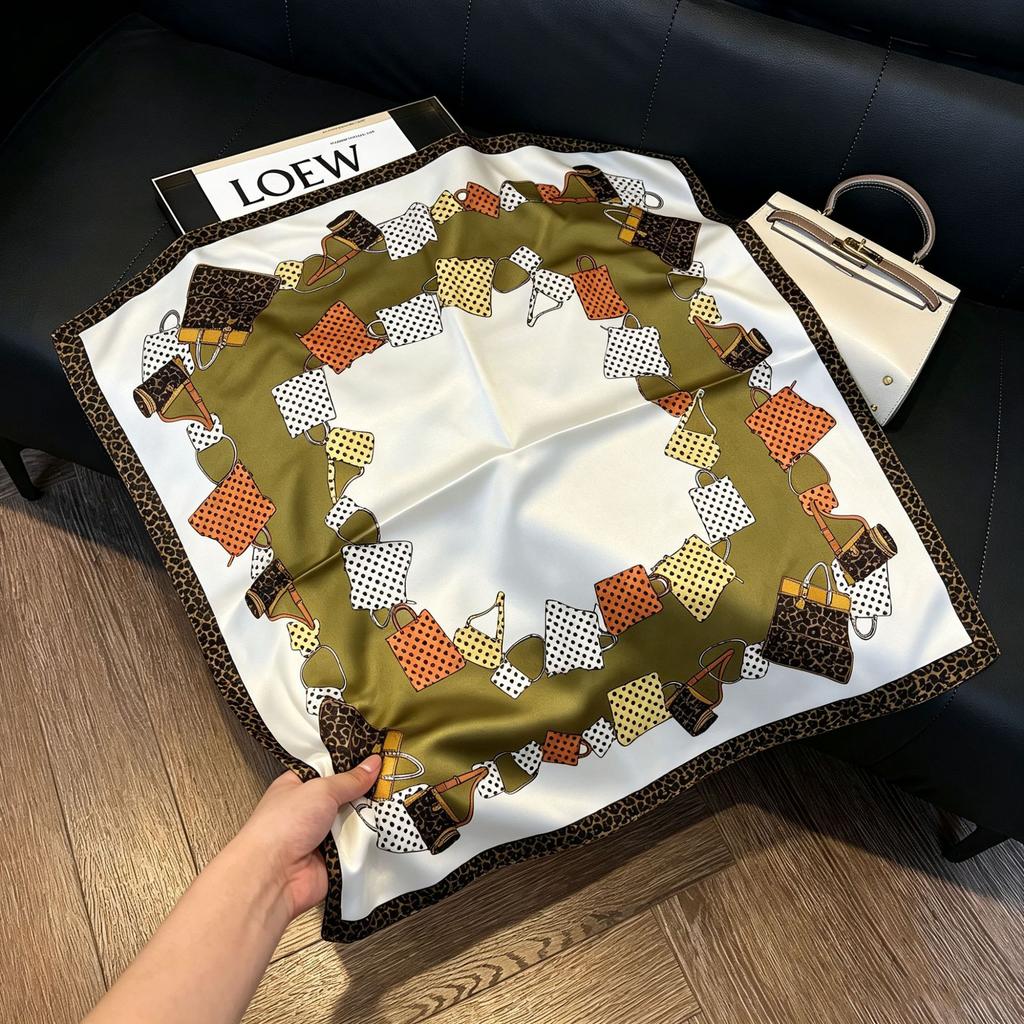 71Cm New Chinese Simulation Silk Square Scarf Soft and Skin-friendly Ink Flower Rhyme Printing Silk Scarf Neck Sunscreen Small Scarf