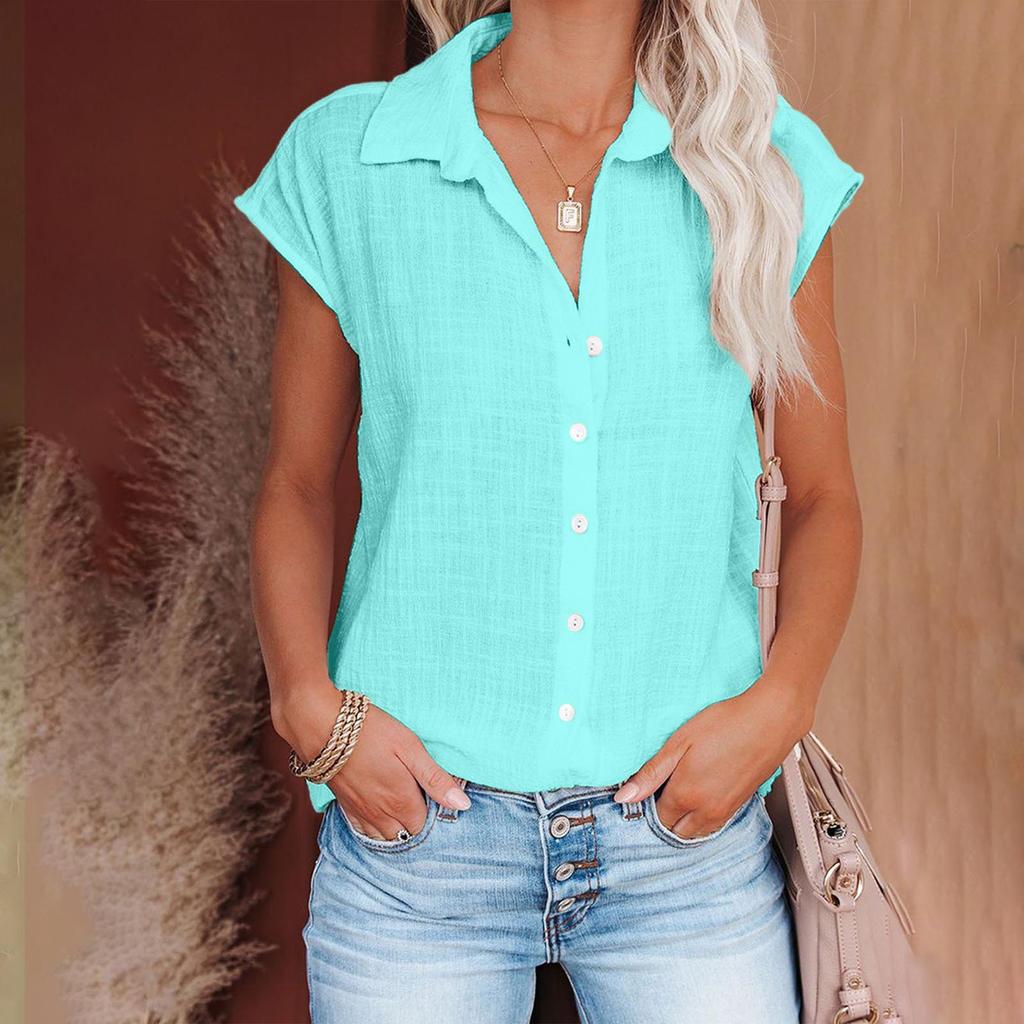 Women's Casual Fashion Short Sleeve Color Single Breasted Shirt Top