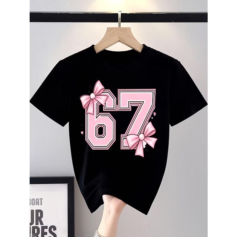 European Sizes 1pc Round Neck T-Shirt, Pink Bow Number 67 Art Casual And Fashionable T-Shirt