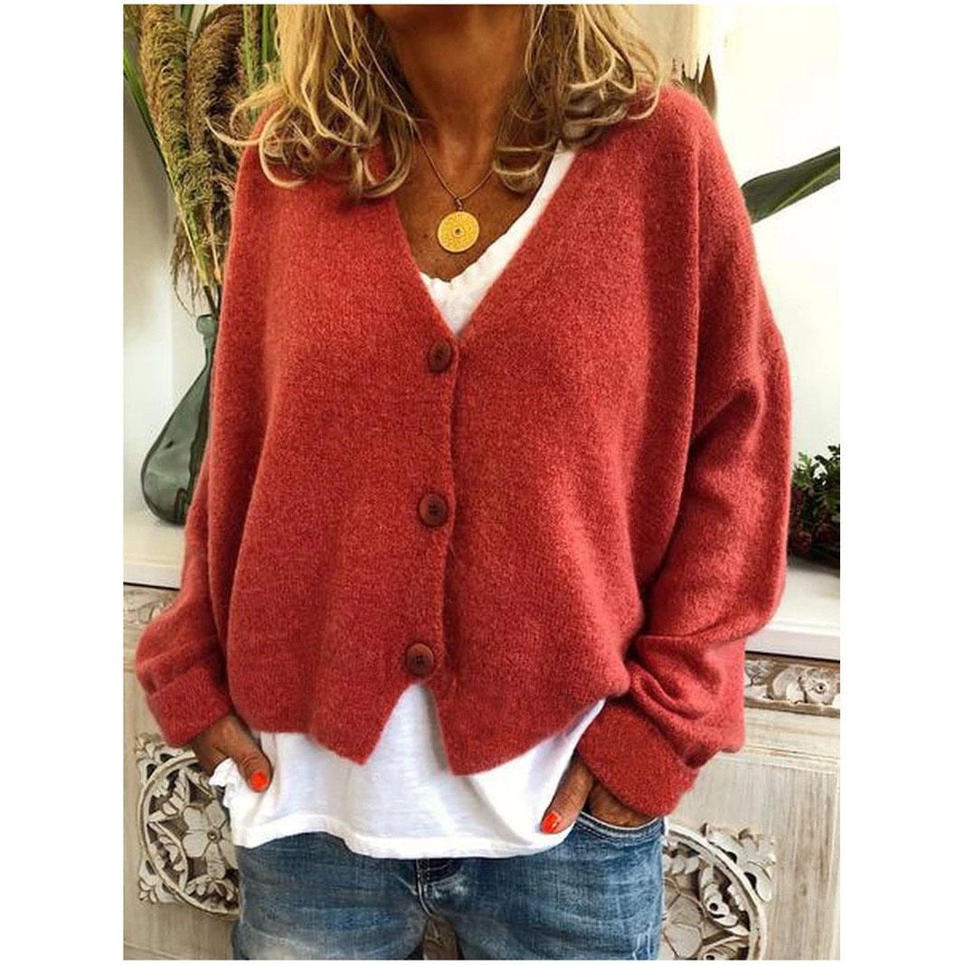 

Women s Spring and Autumn Loose Knit Cardigan Solid Color V-neck Long-sleeved Single-breasted Loose Knit Sweater Coat XXXL червоний
