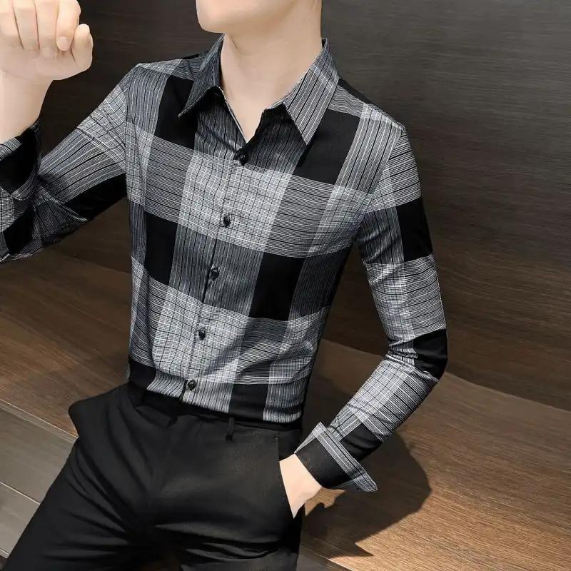 

Men s Brown Plaid Shirt Long Sleeve Slim Fit Casual Button-Down Top L чорний