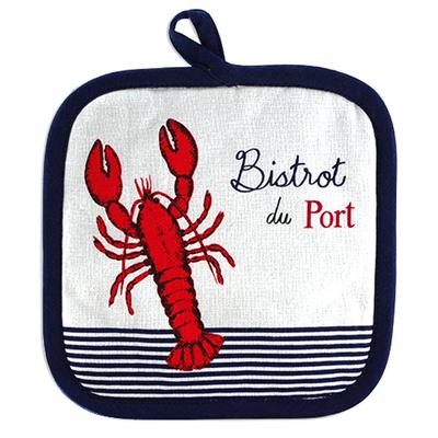 [A2437] - 'Bistrot Du Port' Cotton Potholder, Blue, Red and White (lobster) - 20x20cm