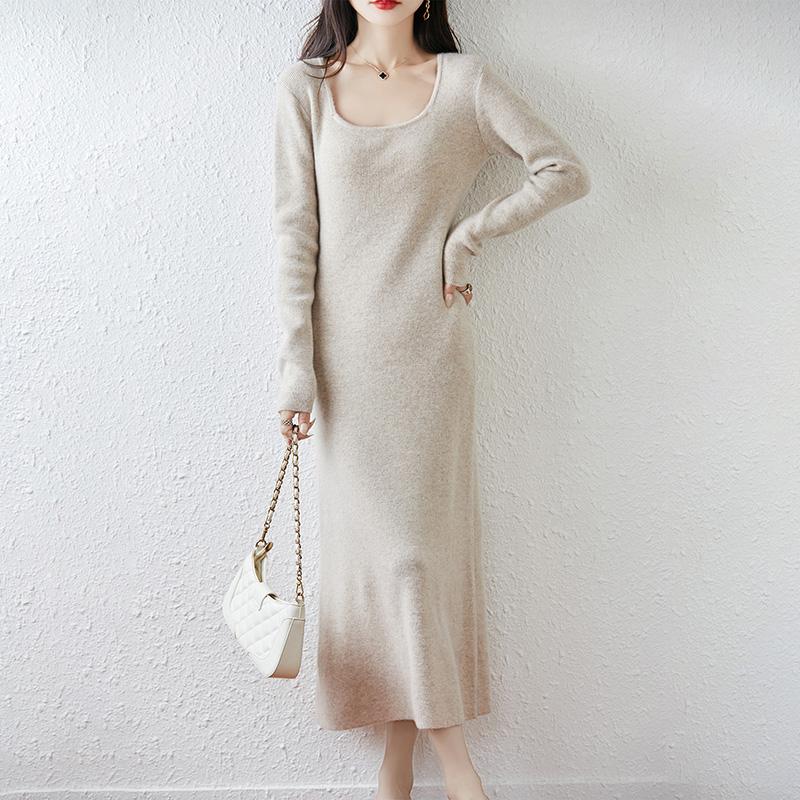 Women Sweater Dress 100% Wool MODERN NEW SAGA U-neck Knit Long Pullover Winter Jumpers Wool Long Dress Female