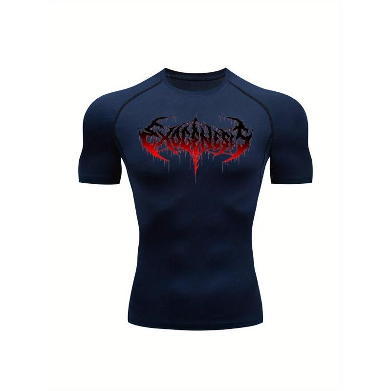 Men's Compression Shirt Quick Dry Black Gym T-Shirt Red Gradient Death Metal Drip Font Print Sportswear