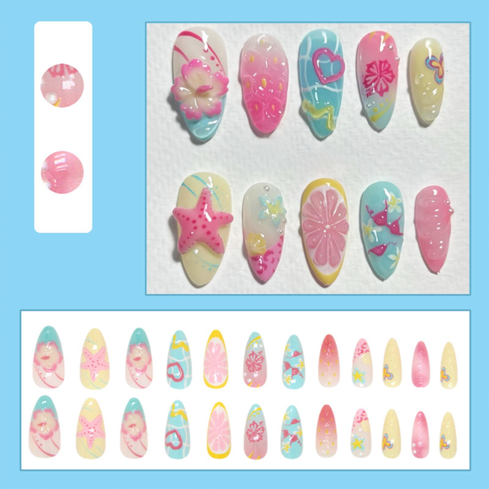 24pcs False Nails Summer Press on Nails Starfish-False Nails Heart Butterfly False Nails Woman Wearable Acrylic False Nails