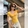 American Retro Hottie Wears U-neck Exposed Collarbone Short-sleeved T-shirt for Women's Summer Thin and Beautiful Hot Diamond Letter Top