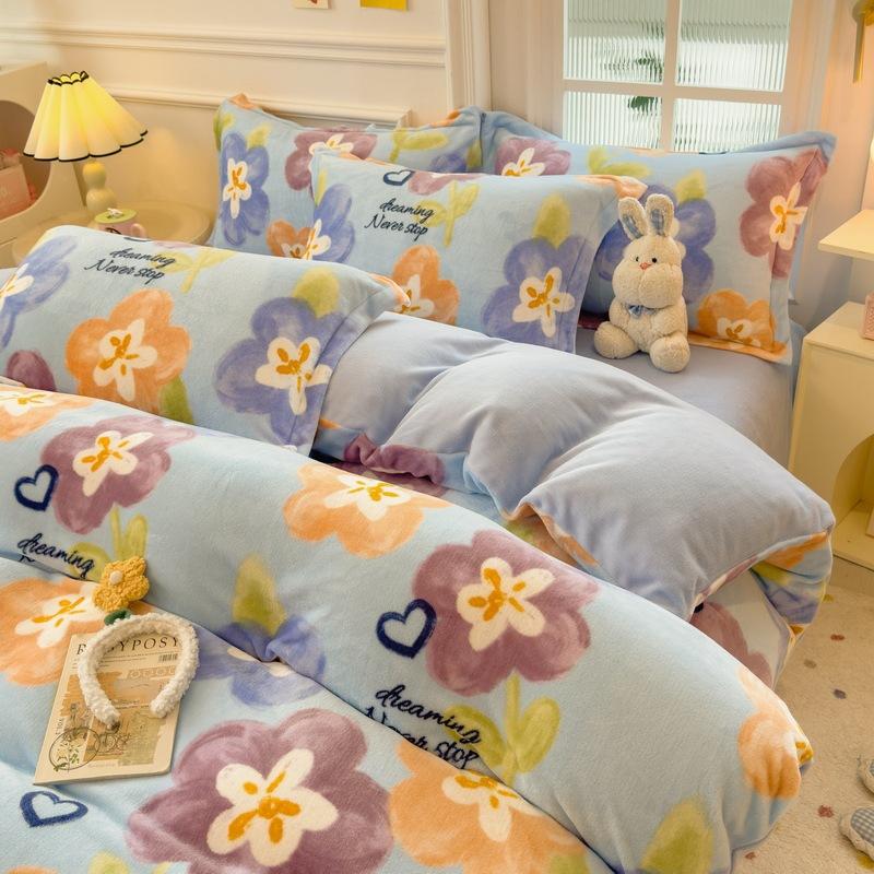 Thickened Milk Fleece Four-Piece Set, Coral Flange Double-Sided Fleece Quilt Cover, Bed Sheet, Bed Hat Three-Piece Set