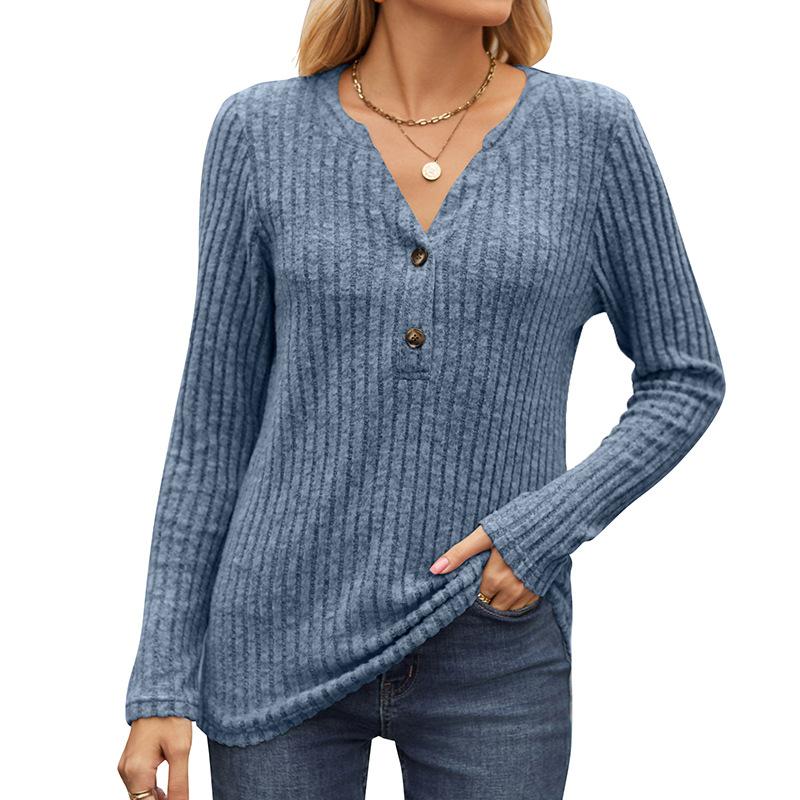 Autumn Women's Knitwear Solid Colour Pit Stripe Brushed Half Placket Button Up Long Sleeve Top