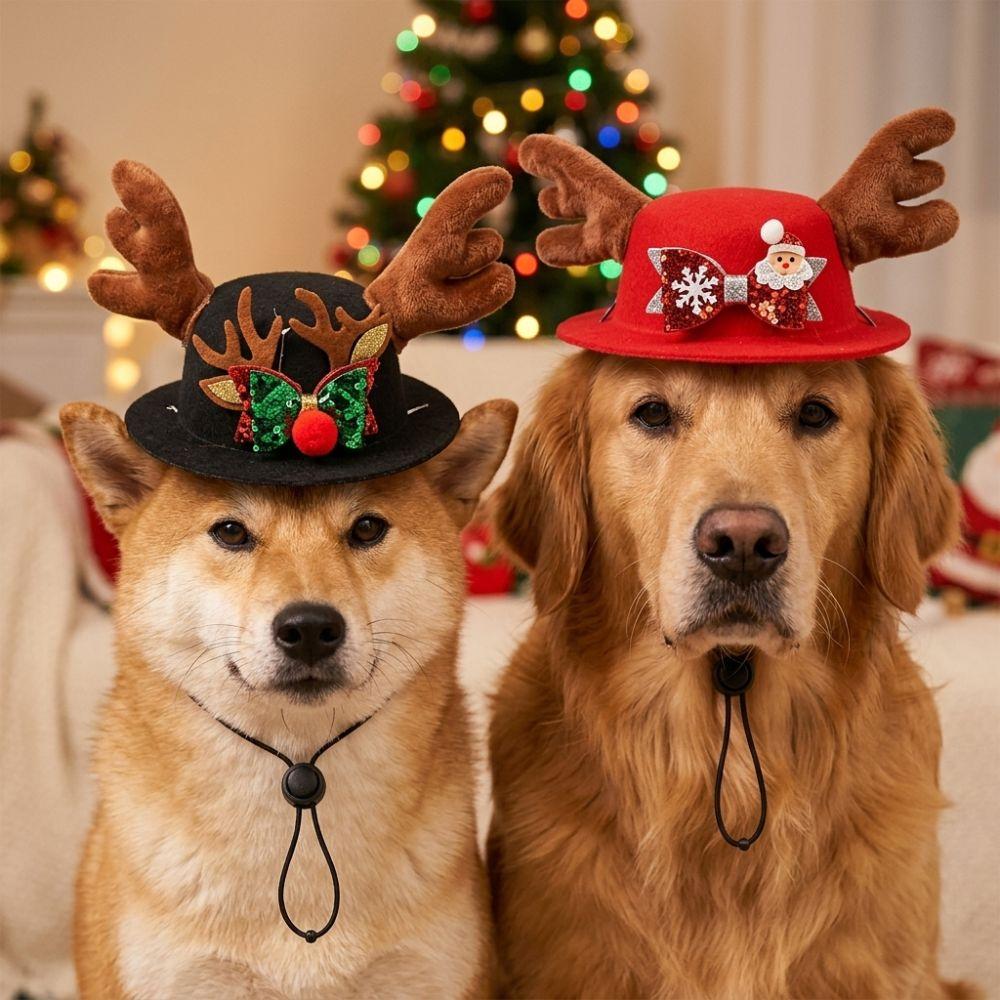 Adjustable Dog Reindeer Antler Cap Soft Plush Dog Xmas Bow Top Hat Xmas Gift