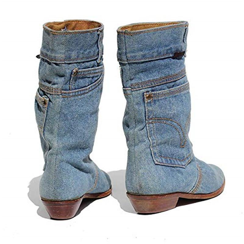 European and American new women's boots mid-waist low-heeled denim casual denim short boots women's autumn and winter denim boots